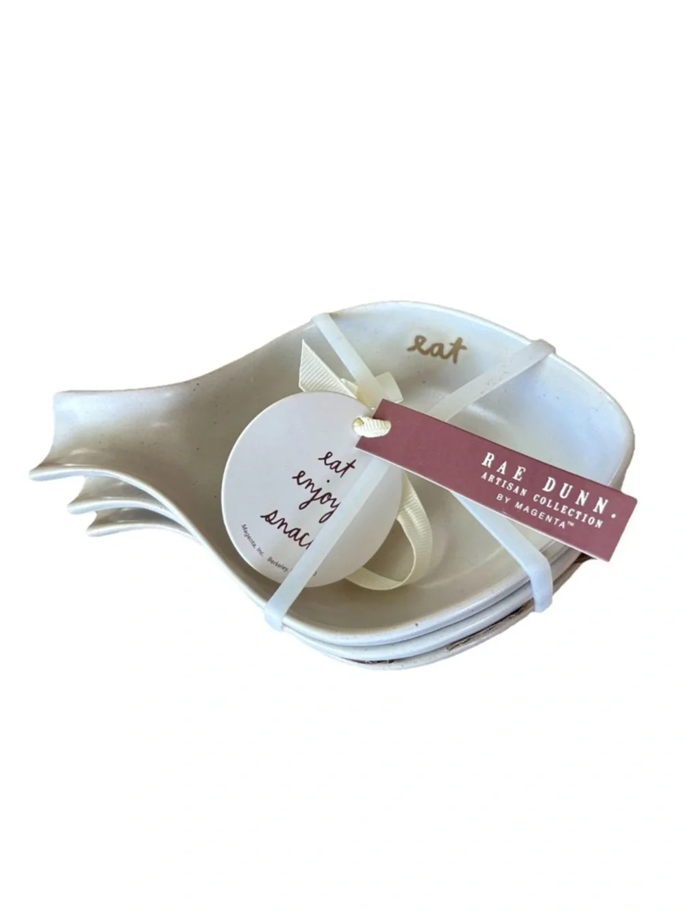 RAE DUNN Minimalist Farmhouse Nesting Stone Spoon Rests EAT ENJOY SNACK Leaves~3